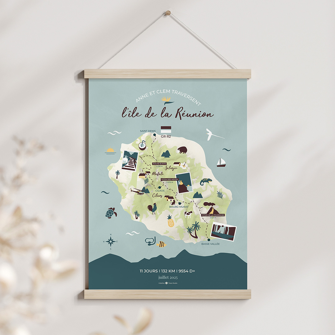 Affiche GR R2 Grande traversée de La réunion - design Bleu relief